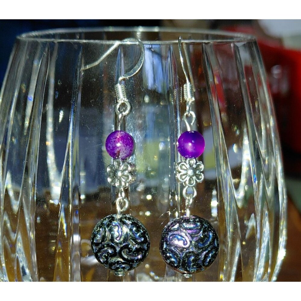 Pressed Czech glass dyed agate carnival earrings purple